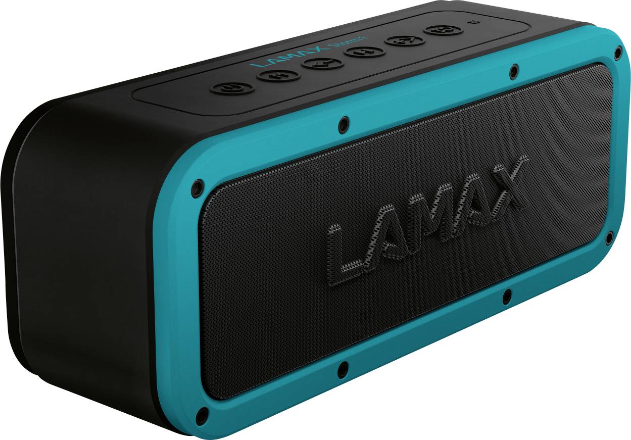 Draagbare Bluetooth-speaker in zwart en blauw met het merknaam 'LAMAX' op de voorkant.