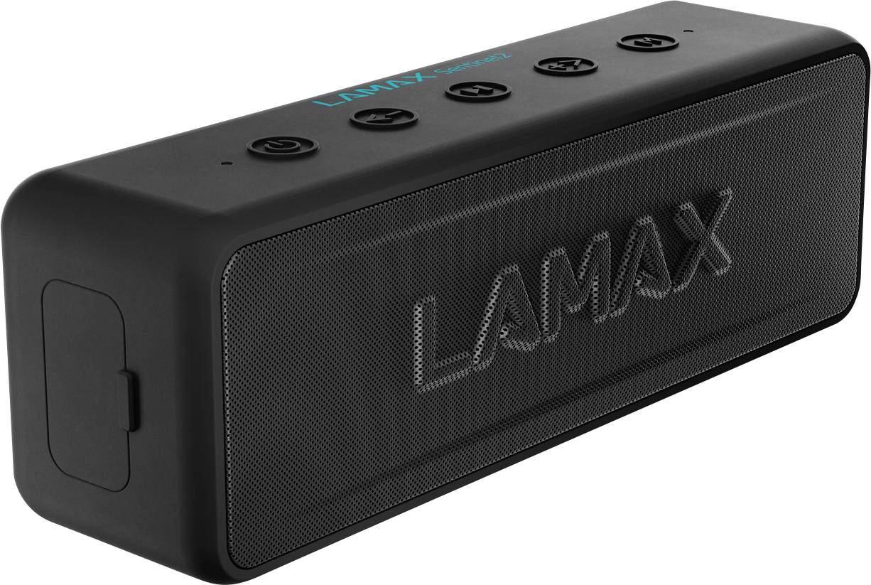 Een zwarte, rechthoekige Bluetooth-speaker met het opschrift 'LAMAX' aan de voorkant en bedieningselementen bovenop.
