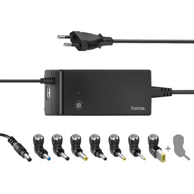 Voedingsadapter met meerdere aansluitstekkers voor verschillende laptopmodellen, inclusief USB-aansluiting. Bevat acht adapters voor diverse aansluitingen.