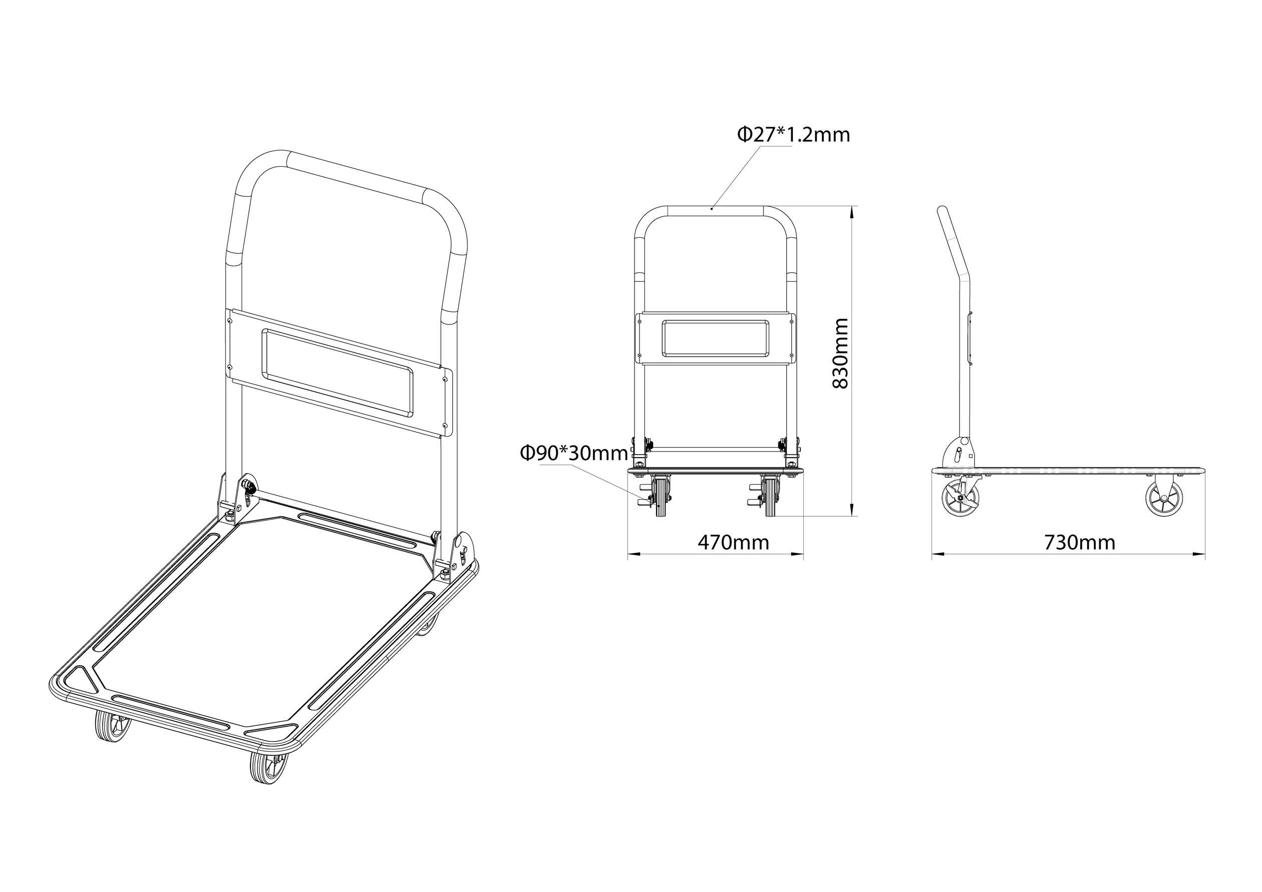 Diagram van een transportwagen met afmetingen: 880 mm hoogte, 730 mm lengte, 470 mm breedte. Wielgrootte: Ø27*1,2 mm.