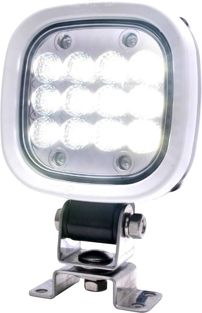 Een vierkante LED-lamp met 12 helder schijnende dioden, gemonteerd op een metalen houder. Geschikt voor voertuigen of buitenverlichting.