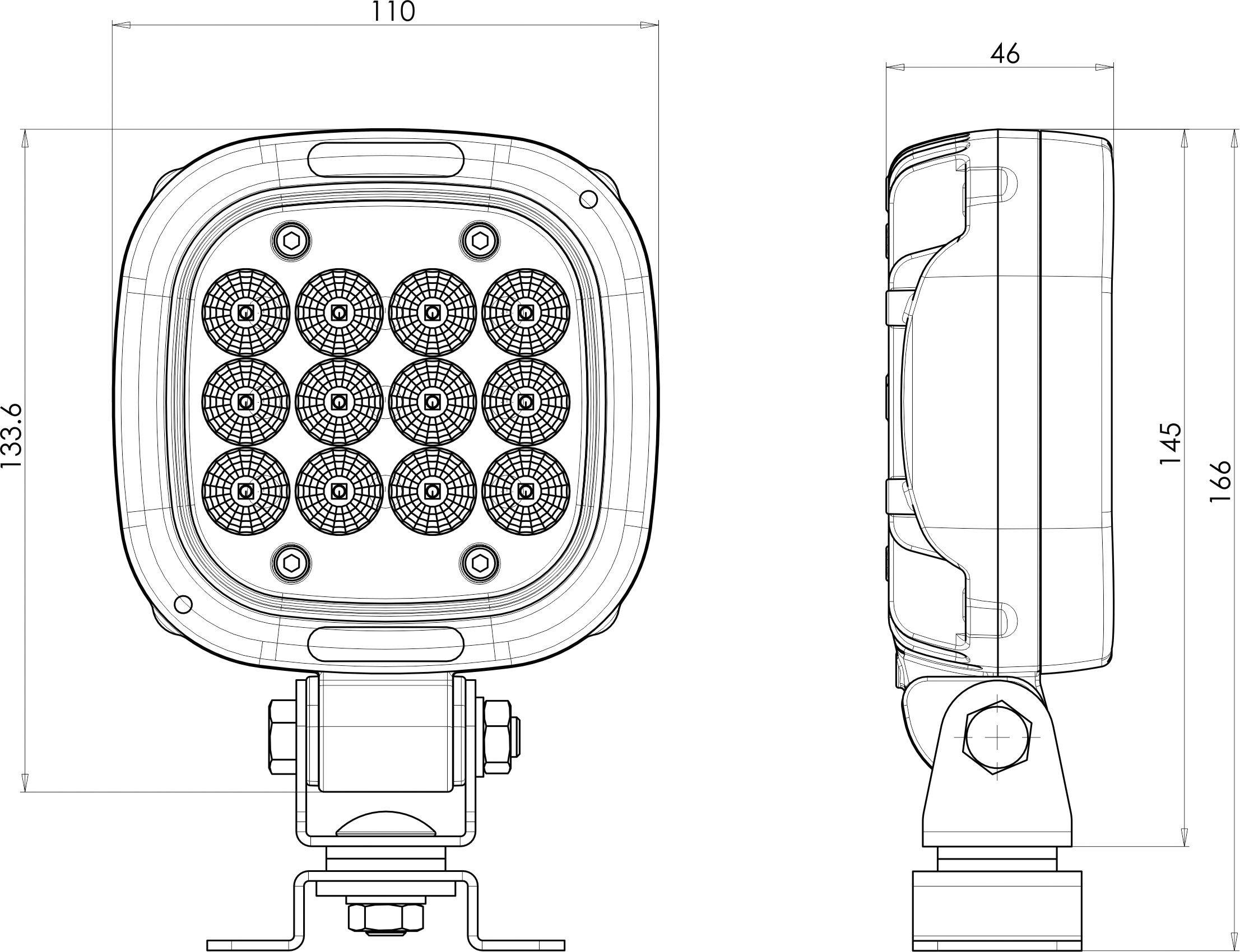 Technische tekening van een rechthoekige LED-koplamp met 12 lampen aan de voorkant. Afmetingen: breedte 110, hoogte 133,6, diepte 46. Zijaanzicht toont bevestigingsbeugel.