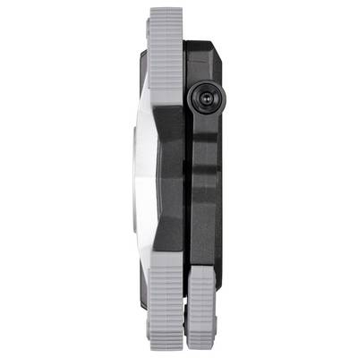 Zijkant van een compact zwart-grijs handheld apparaat met geriffelde schuifbedieningen, verticaal weergegeven op een witte achtergrond.