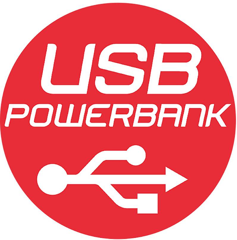 Rode cirkel met witte tekst 'USB POWERBANK' en daaronder een USB-symbool.