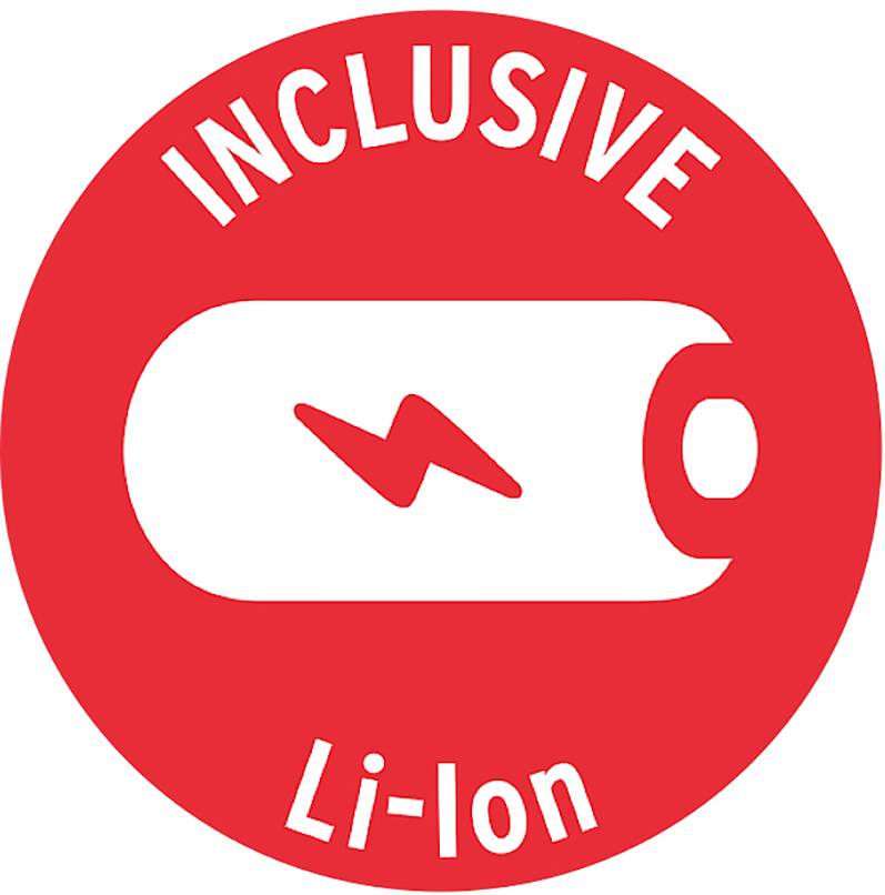 Rood symbool met een wit accu-pictogram en bliksemschicht. Tekst 'INCLUSIVE Li-Ion' omcirkelt de afbeelding. Betekent inclusief batterijontwerp.