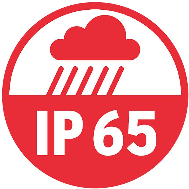 'Symbool voor IP65-bescherming: Water- en stofbestendig, geschikt voor gebruik bij regen.'