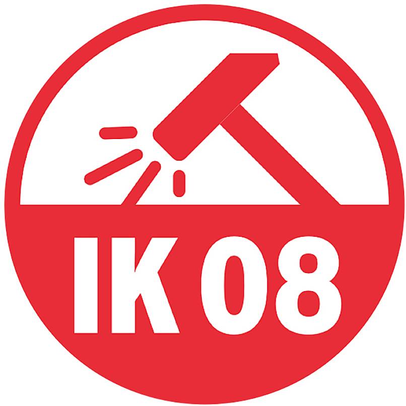 'IK 08'-logo met een afbeelding van een hamer die slaat, symboliseert slagvastheid.