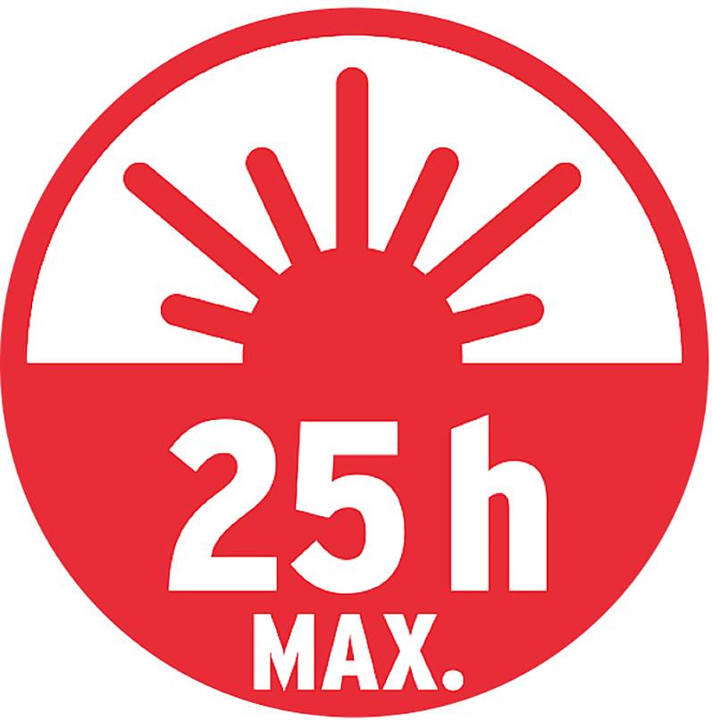 Rood symbool met zonsopgang en de tekst '25 h MAX.', geeft een maximale bedrijfstijd of gebruiksduur van 25 uur aan.