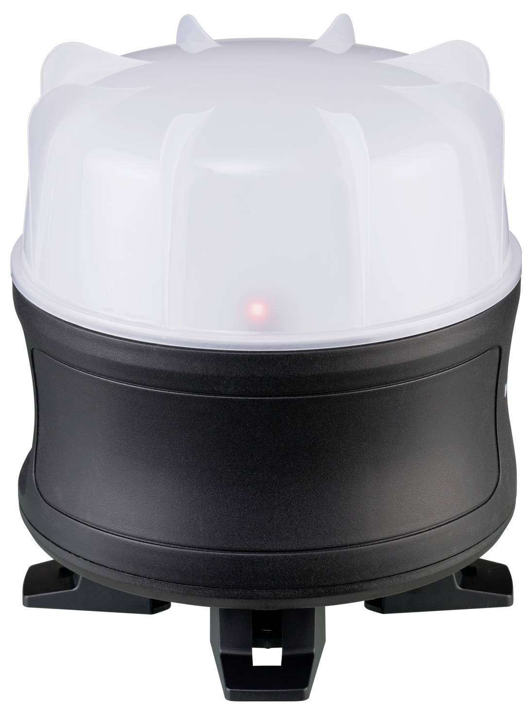 Zwarte cilindrische waarschuwingslamp met een doorschijnende koepel en kleine rode indicator, weergegeven op een witte achtergrond.