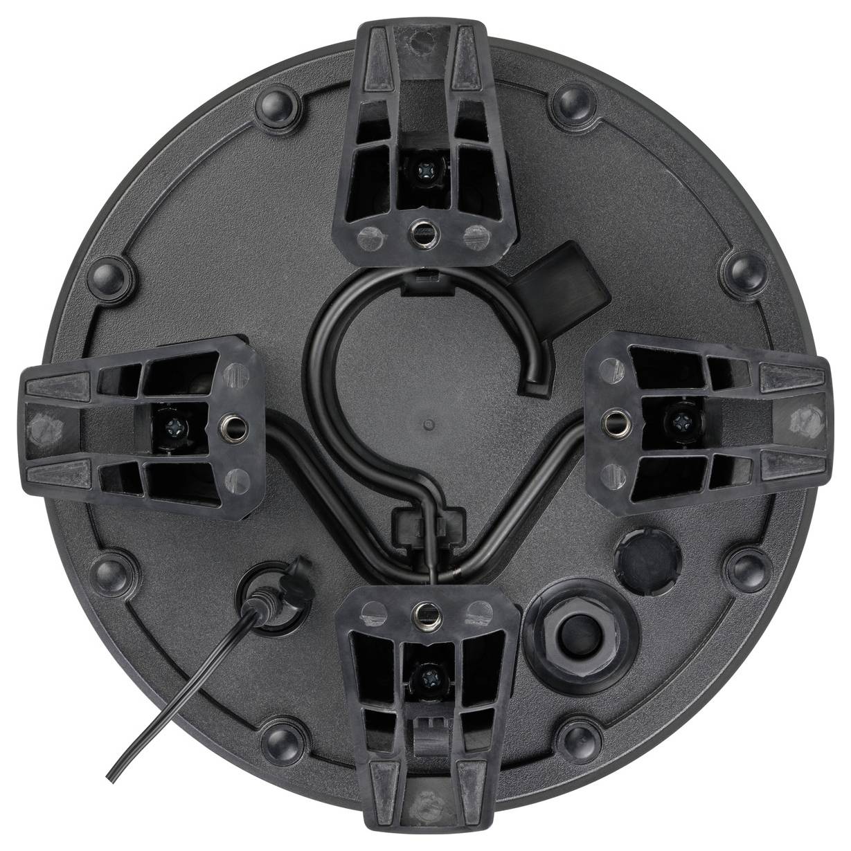 Ronde zwarte plafondlamp montagebeugel met vier clips en een centrale draadlus, van onderaf gezien.
