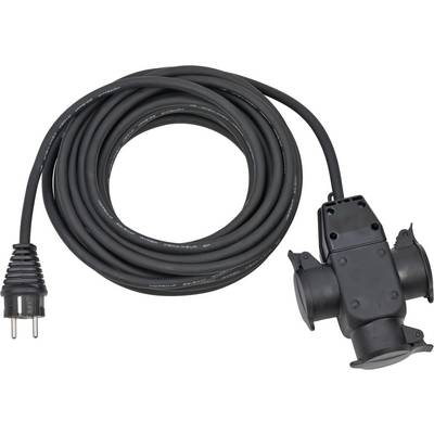 Opgerolde zwarte stroomkabel met een tweepolige stekker en een weerbestendige stopcontactadapter/splitter.