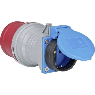 Blauwe industriële stroomstopcontact met scharnierdeksel en rode dop, afgebeeld op een grijze behuizing tegen een witte achtergrond.