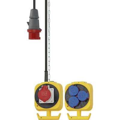 Twee industriële elektrische connectoren in gele behuizingen, een met een rode dop en een met drie blauwe doppen voor de contacten, hangend naast een kabel en ketting.