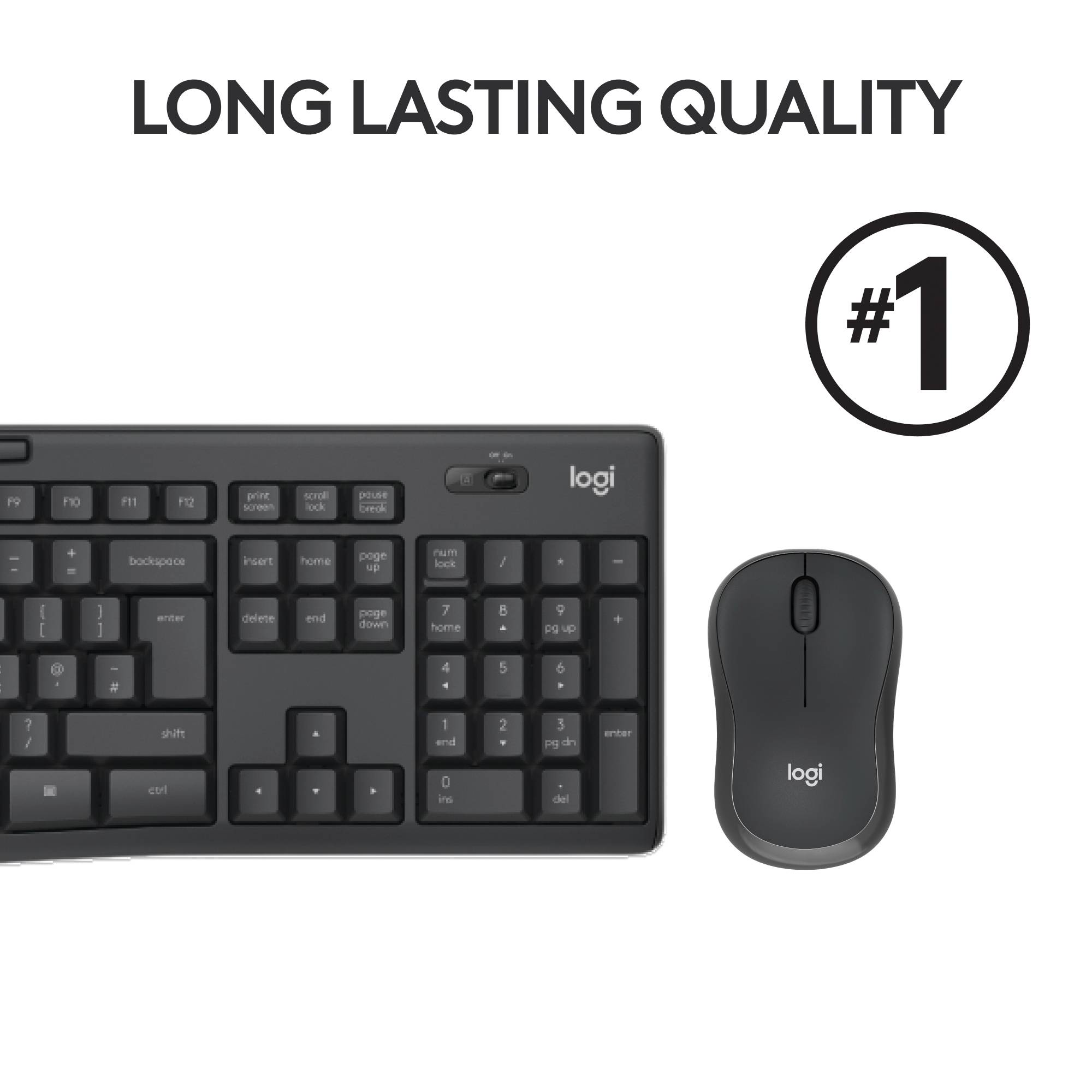Een zwarte Logitech-toetsenbord met muis. Daarbovenstaand staat 'Duurzame productwaliteit' en een cirkel met het nummer 1.