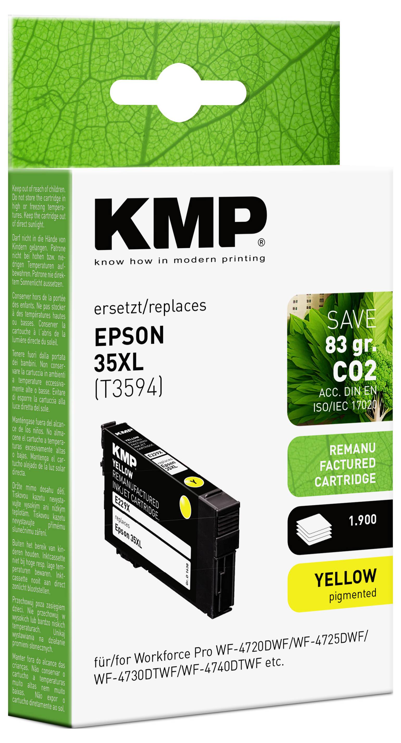 KMP gereviseerde gele inktcartridge voor Epson 35XL (T3594). Compatibel met Workforce Pro WF-serie. Bespaart 83g CO2.