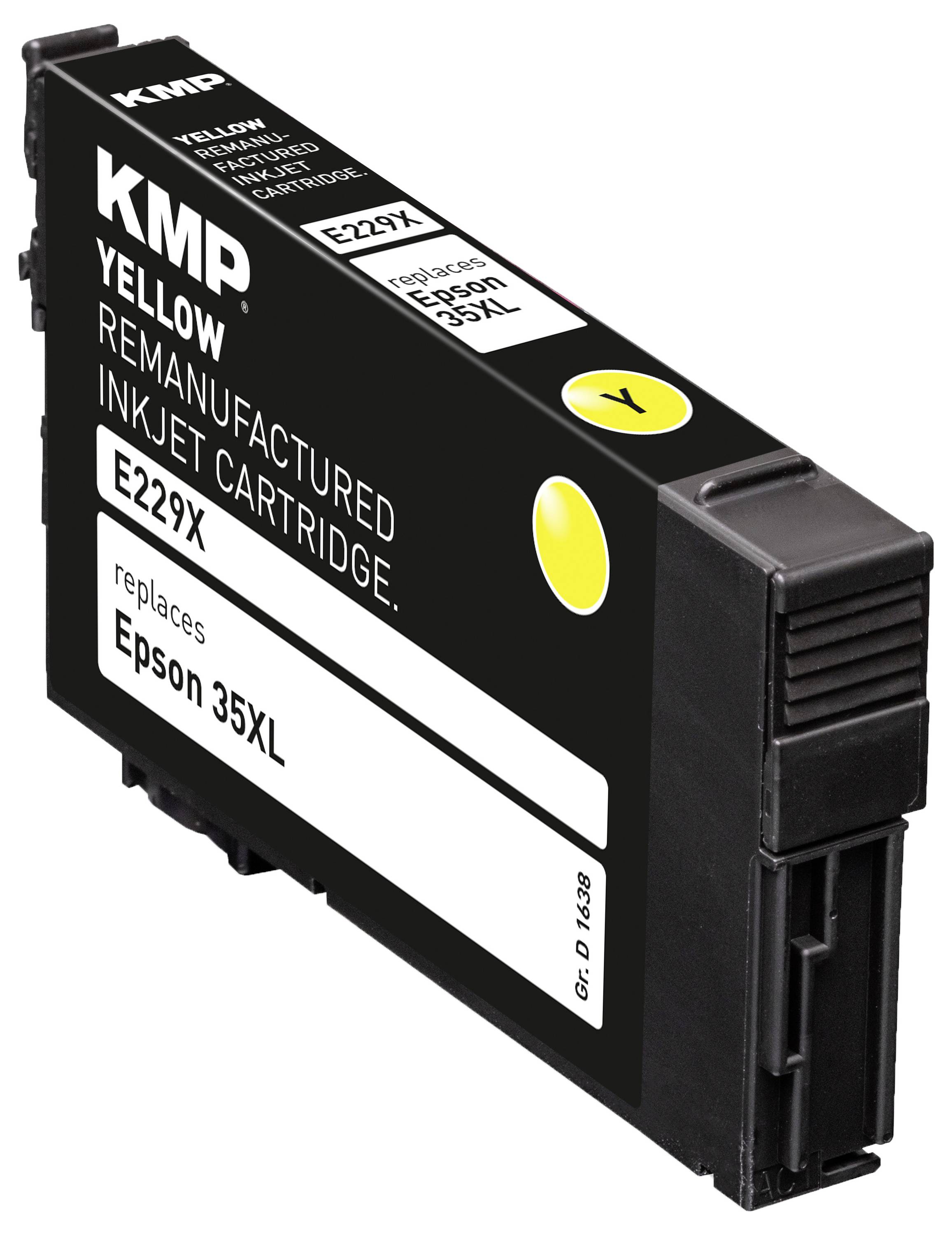 Een zwarte inktcartridge met modelnummer 'E229X', door KMP gelabeld als 'Yellow', gereconditioneerd voor Epson 35XL printers.