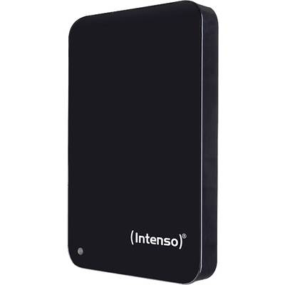 Een zwarte externe harde schijf met het opschrift 'Intenso', geschikt voor gegevensopslag, draagbaar en compact van ontwerp.