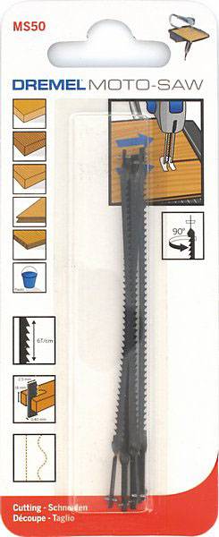 'Dremel Moto-Saw MS50' zaagbladen voor het zagen in verschillende materialen, montage-opties en zaaghoeken getoond.