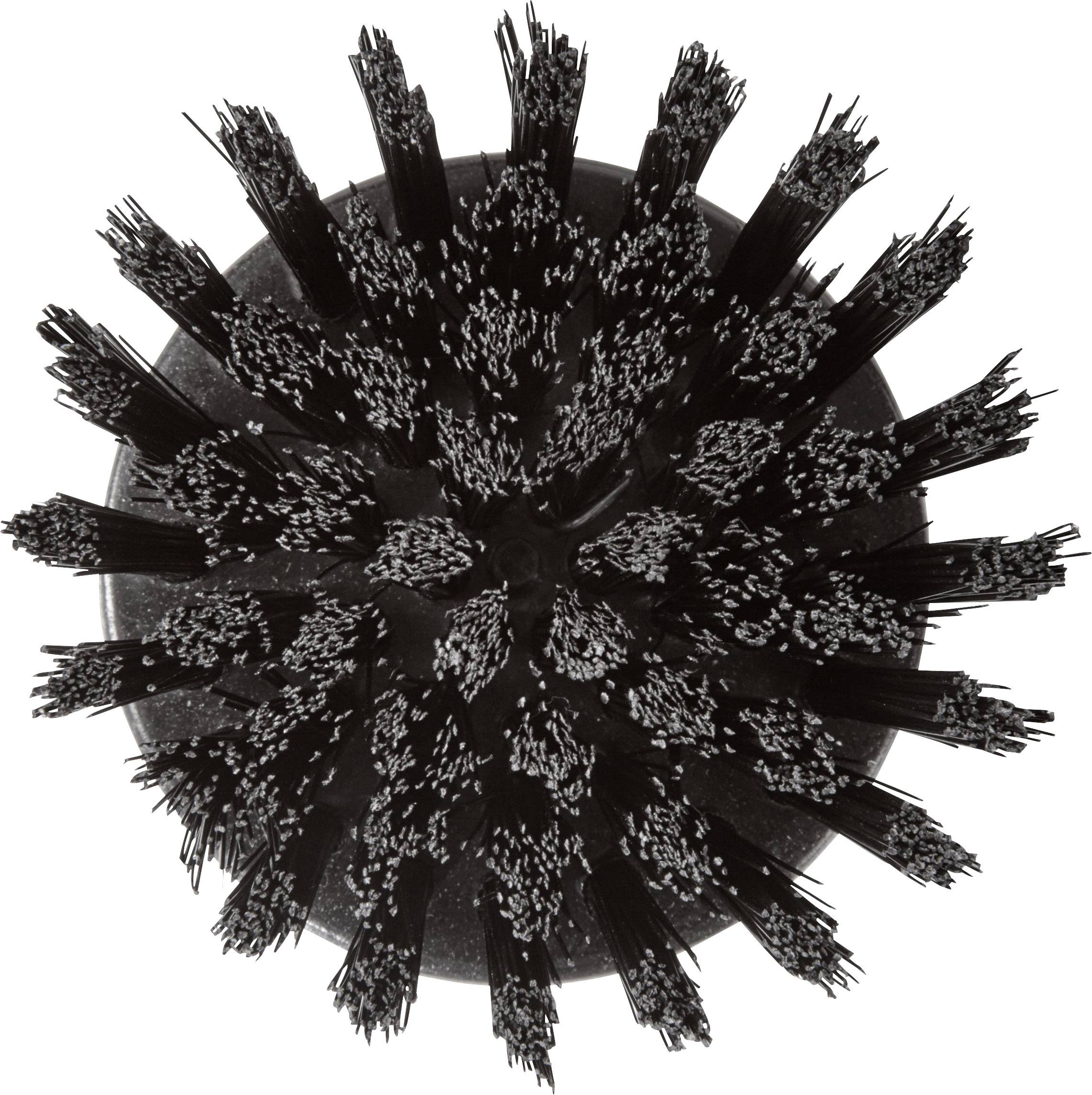 Een ronde borstel met dichte zwarte en enkele witte borstelharen, gefotografeerd van bovenaf.