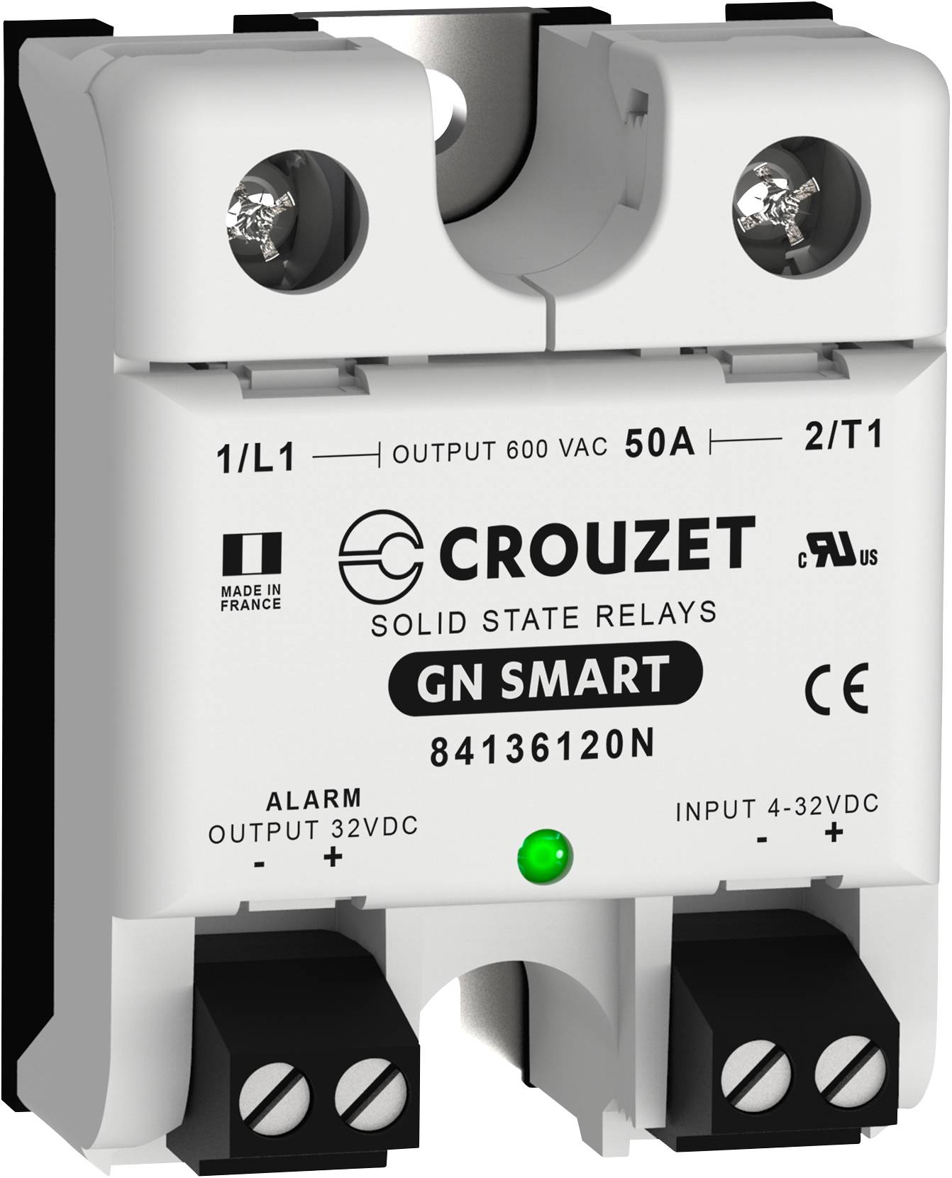 Een halfgeleiderrelais van Crouzet met de aanduiding 'GN SMART', geschikt voor 600V AC en 50A, toont aansluitingen en certificeringen.