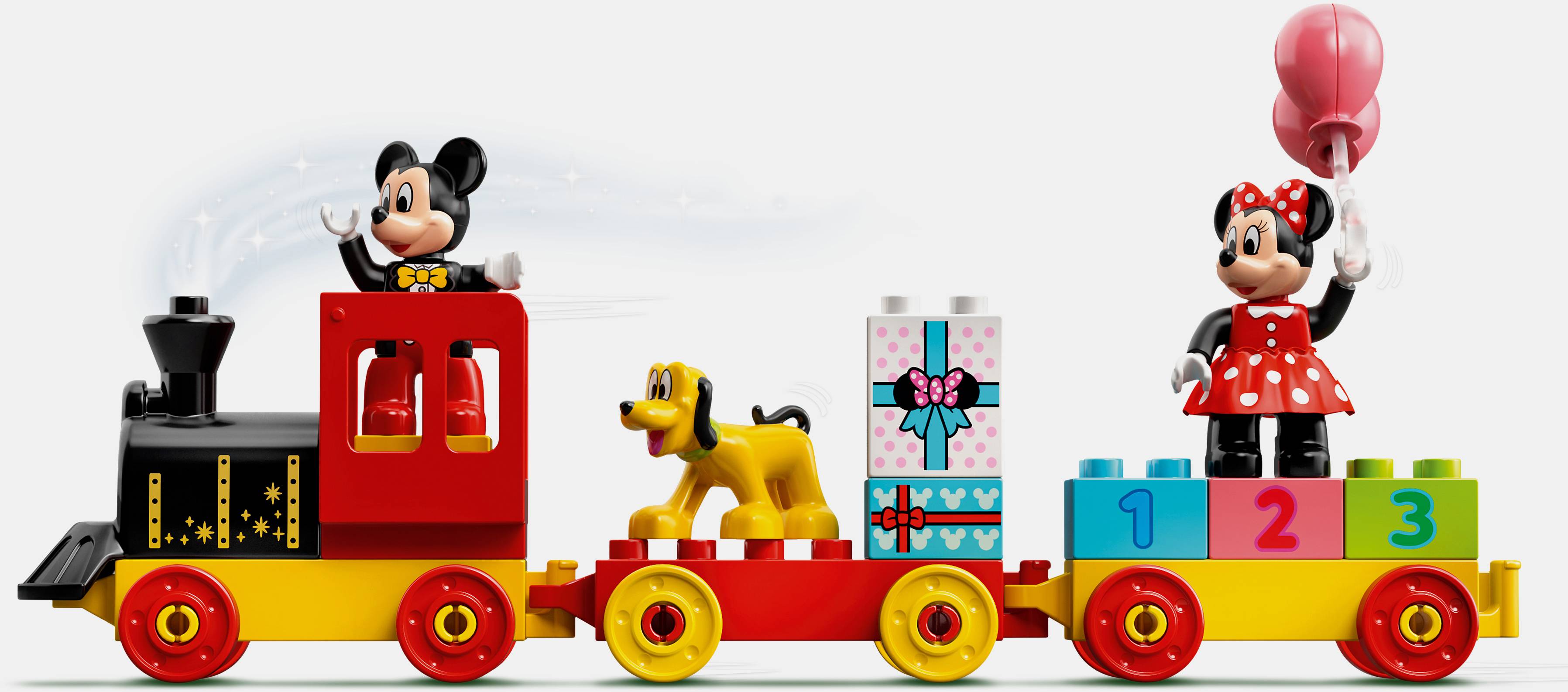 Een LEGO-trein met Disney-figuren: Mickey als machinist, Pluto op een wagon vol cadeaus, Minnie met ballonnen.