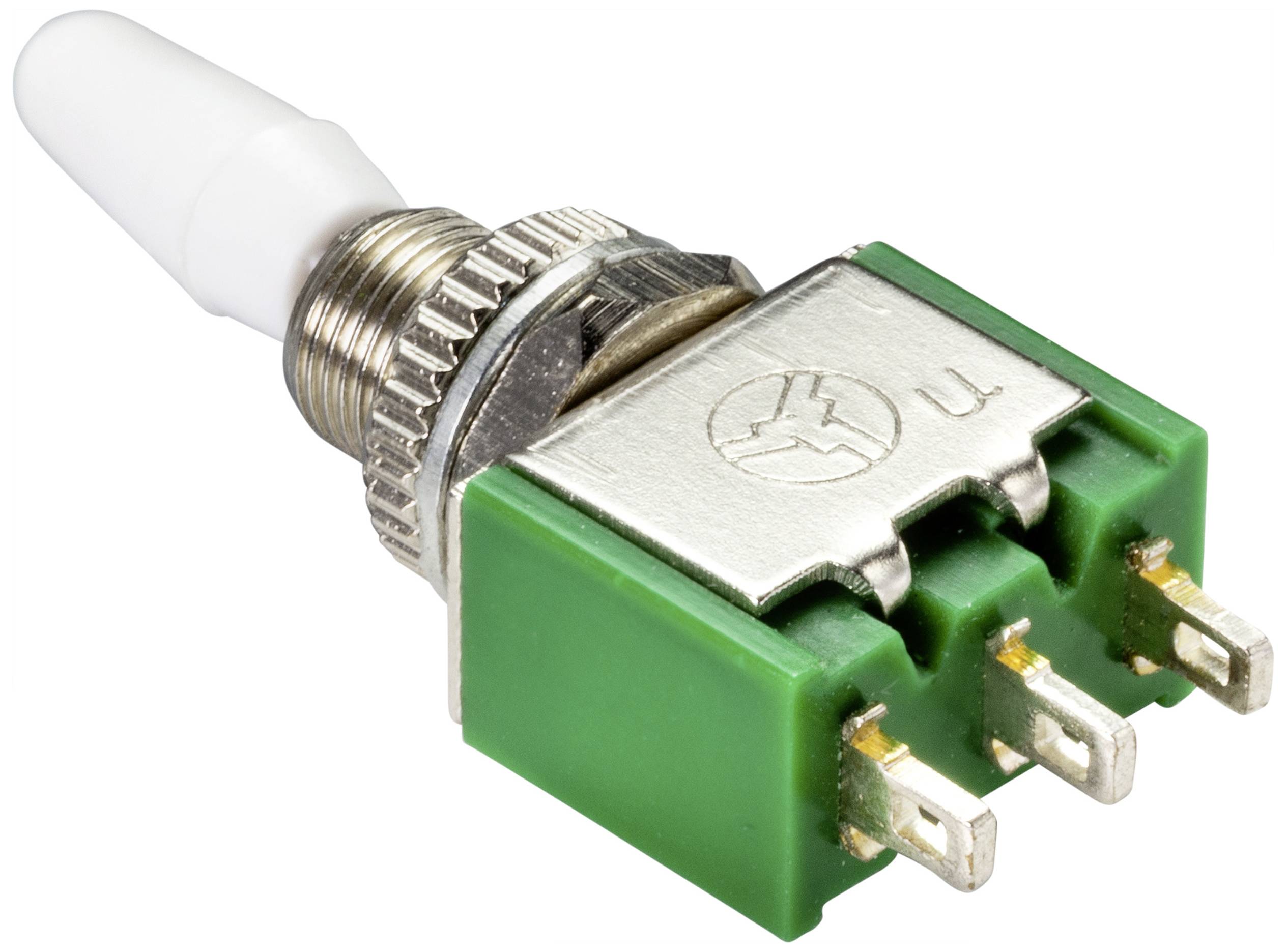 Metalen schakelaar met een groen kunststof behuizing en een witte tuimelschakelaar, bevestigd met een metalen schroef.