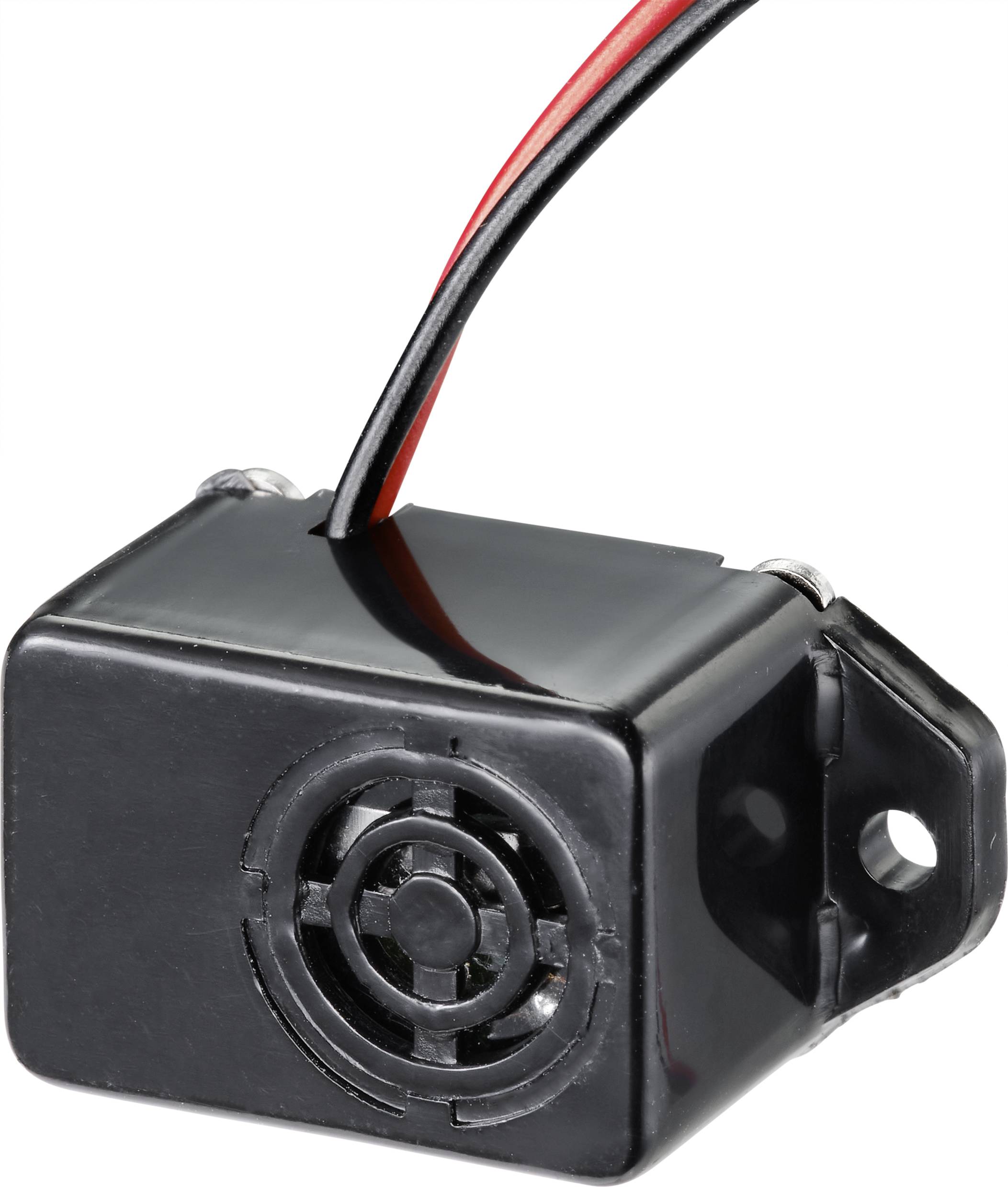 Een kleine, zwarte elektromagnetische zoemer met twee draden voor montage in elektronische apparaten.