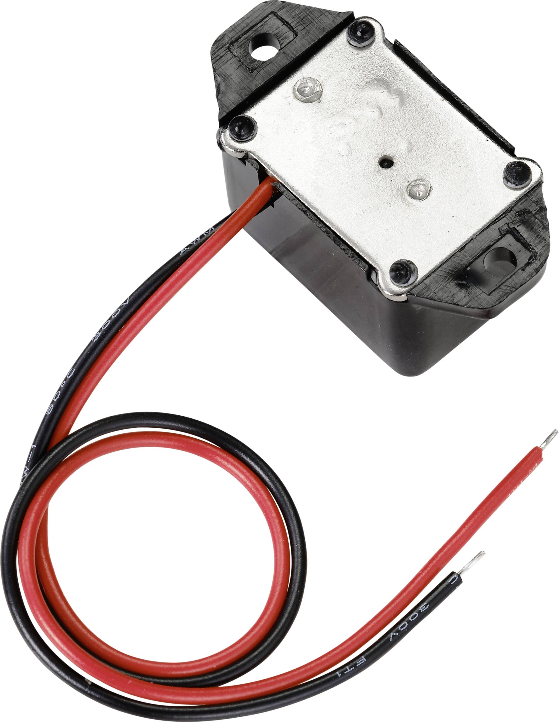 Een elektronisch onderdeel met twee draden, rood en zwart.