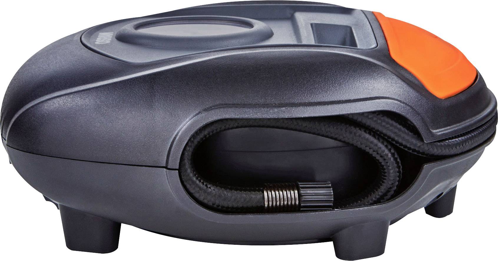 Een compacte, ovale autostofzuiger met geïntegreerde handgreep en oranje knop aan de bovenkant.