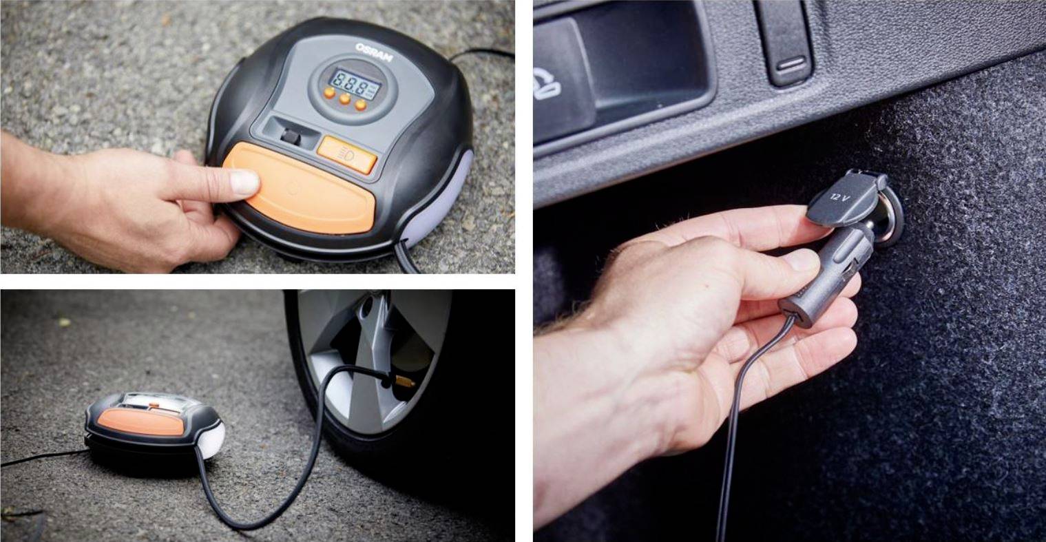 'Elektrische bandenpomp voor auto's': Twee foto's tonen het apparaat in gebruik bij een band en aangesloten op de sigarettenaansteker.