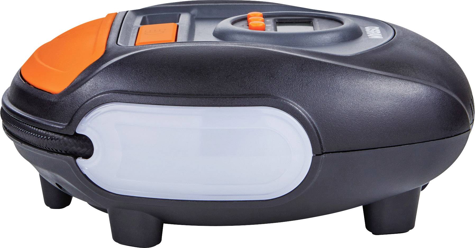 Zwarte en oranje robotmaaier op vier poten, zijaanzicht.