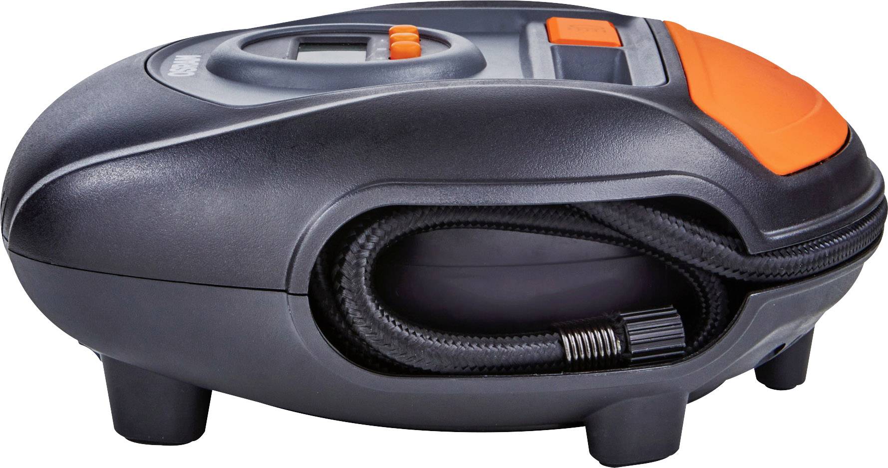 Een draagbare luchtcompressor voor autobanden. Hij is compact, zwart met oranje accenten en heeft een geïntegreerde slang.