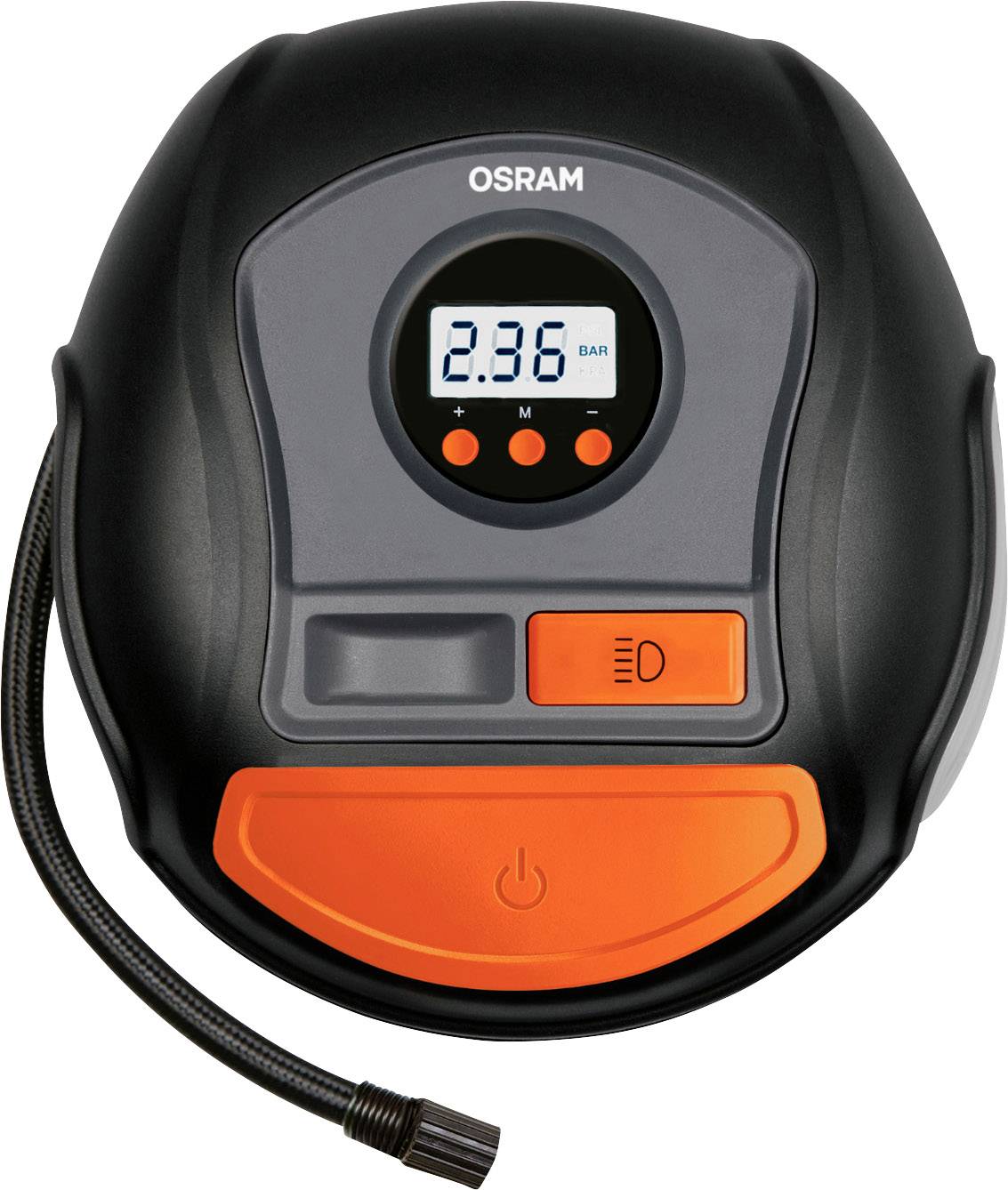 Apparaat voor digitale bandenspanningsmeting en -vulling met display, druknop en slang, merk 'Osram' zichtbaar.