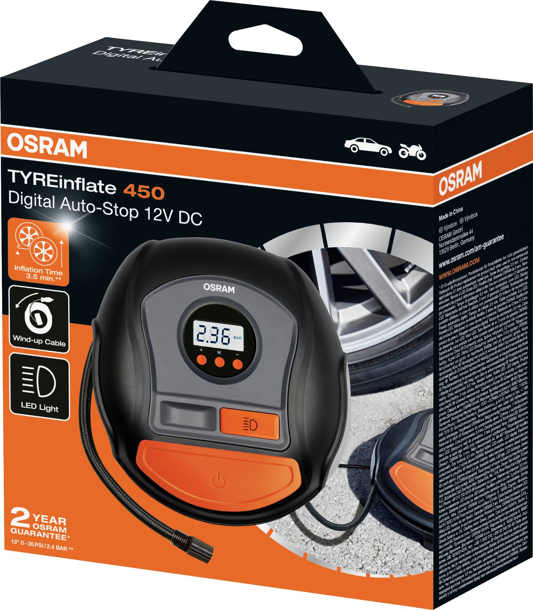 'OSRAM Digitale Bandenpompcompressor, TYREinflate 450, Auto-Stop, LED-verlichting, 12V DC. Voor het controleren en oppompen van bandenspanning.'