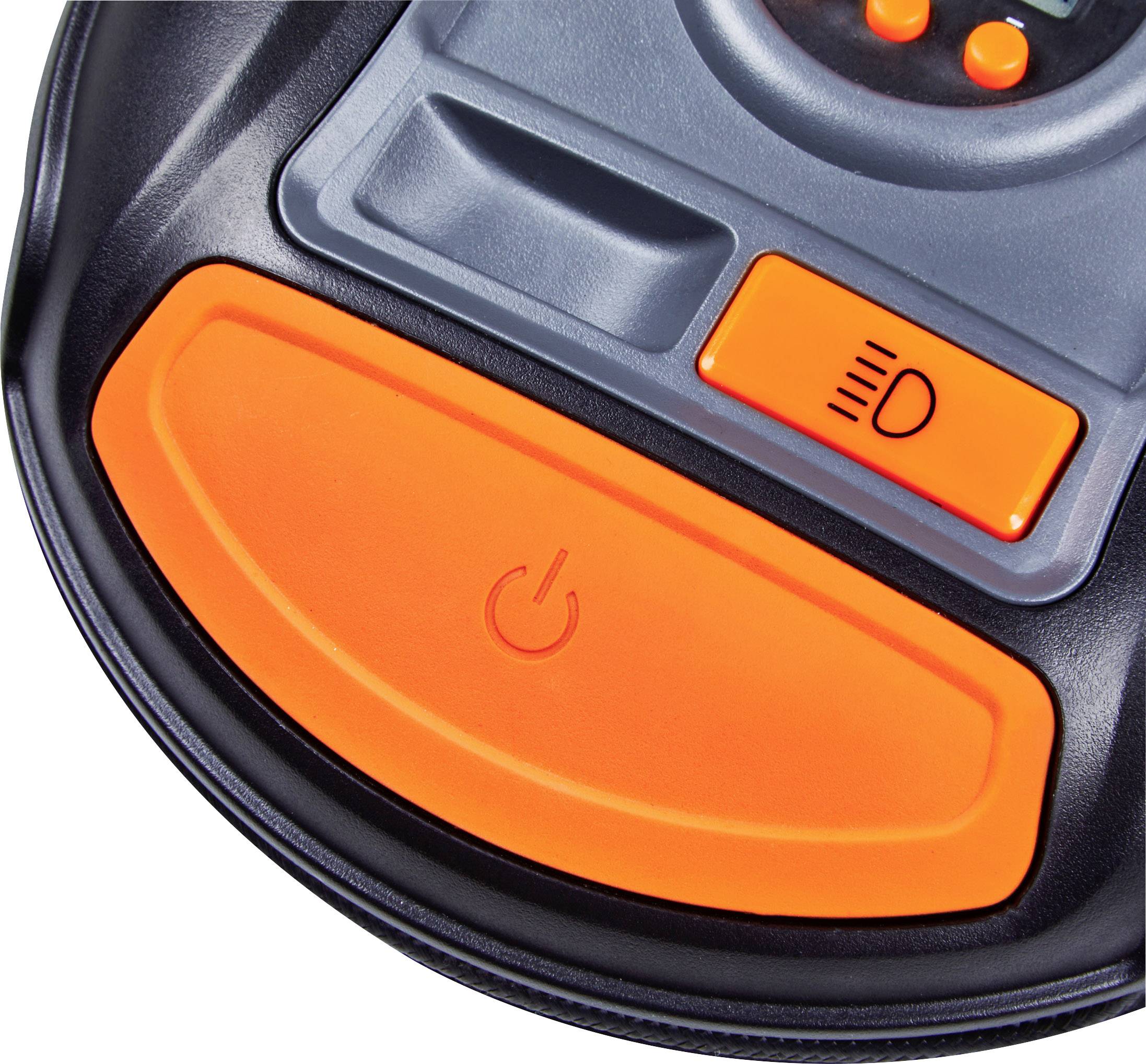 'Close-up van een bedieningspaneel met een grote, oranje aan-knop en nog een knop met een lichtsymbool.'