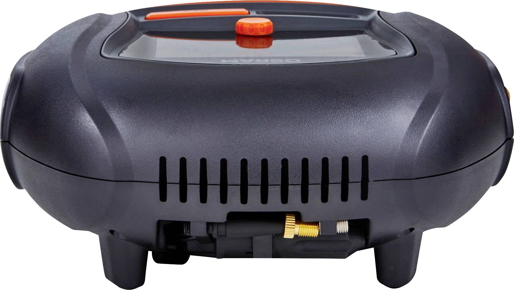 Een zwart, langwerpig elektrisch voorwerp met een kleine oranje knop en ventilatiesleuven aan de onderkant.