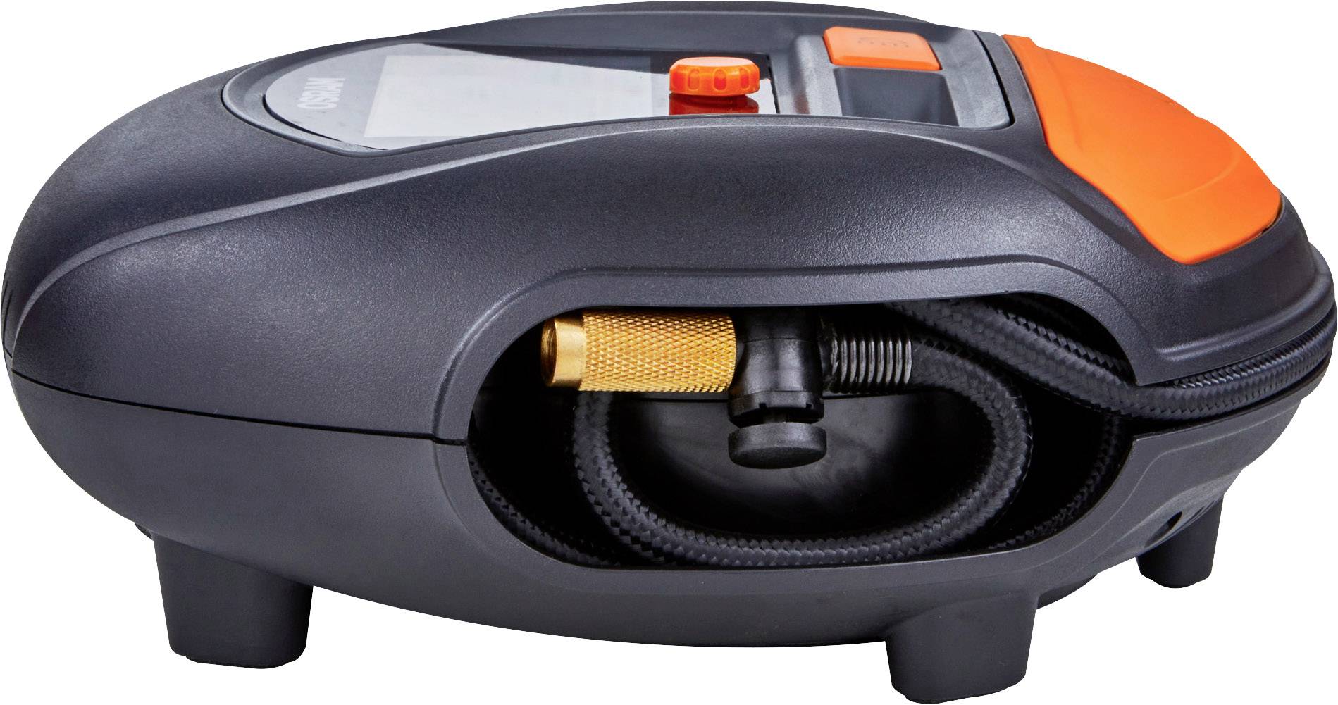 Een draagbare, compacte autocompressor met een zwarte behuizing, een oranje knop en geïntegreerde slangopbergruimte.