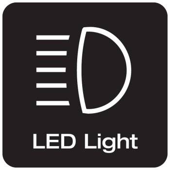Symbool voor 'LED-licht' met drie horizontale lijnen links en een gestileerde 'D' rechts op een zwarte achtergrond.