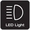 Symbool voor 'LED-licht' met drie horizontale lijnen links en een gestileerde 'D' rechts op een zwarte achtergrond.