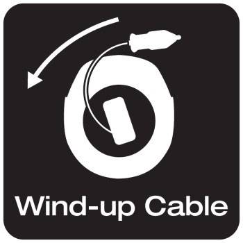 Een symbool toont een oprolgbaar kabel. Een pijl geeft het oprollen aan. Tekst: 'Oprolgbare Kabel'.
