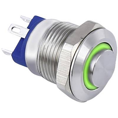 Zilveren metalen schakelaar met groen oplichtende ring en drie aansluitklemmen aan de zijkant.
