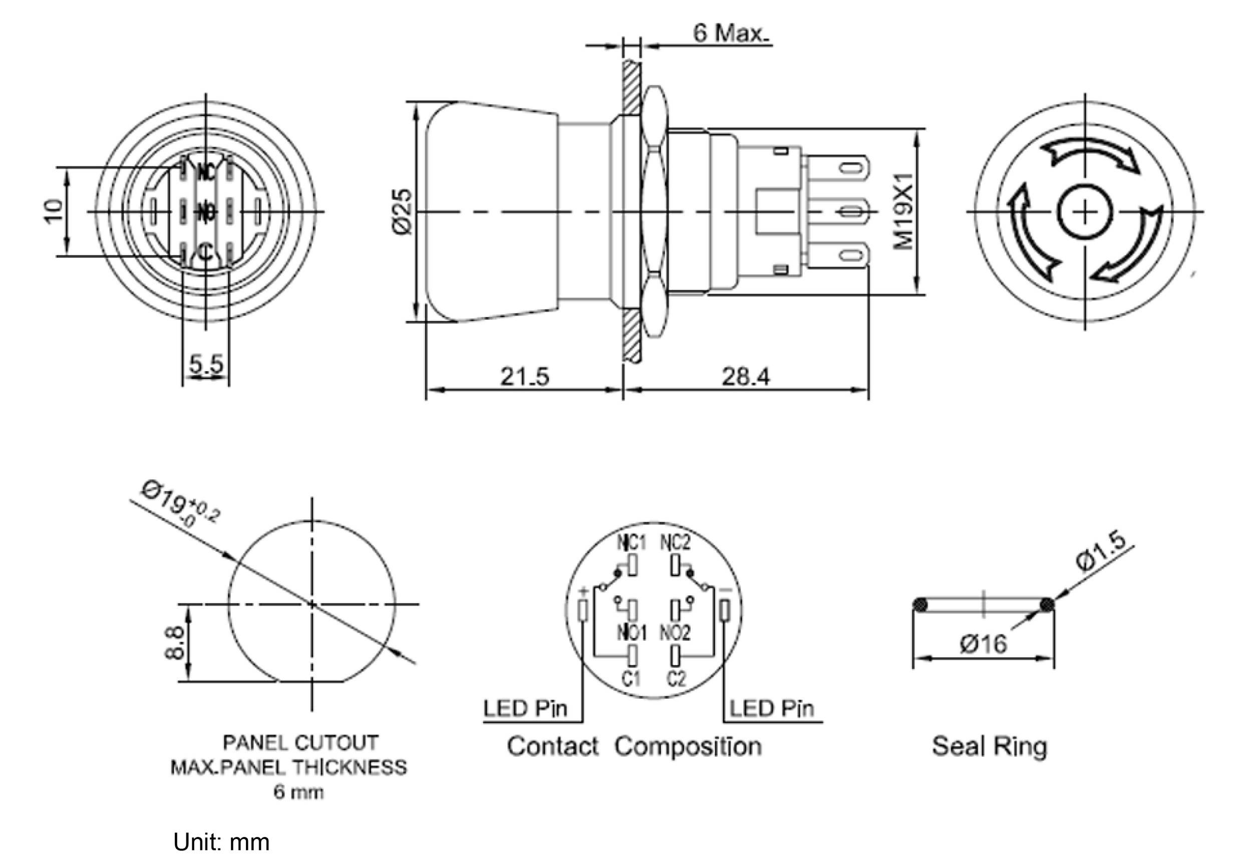 Technische tekening van een schakelaar met afmetingen en labels: zij-, voor- en achteraanzicht, aansluitingsschema en afmetingen in mm.