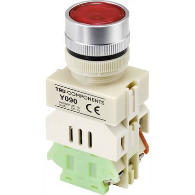 'Rode drukknop van TRU Components, model Y090, geschikt voor 250V AC-15, met CE-markering, gemonteerd op kunststof bevestiging.'