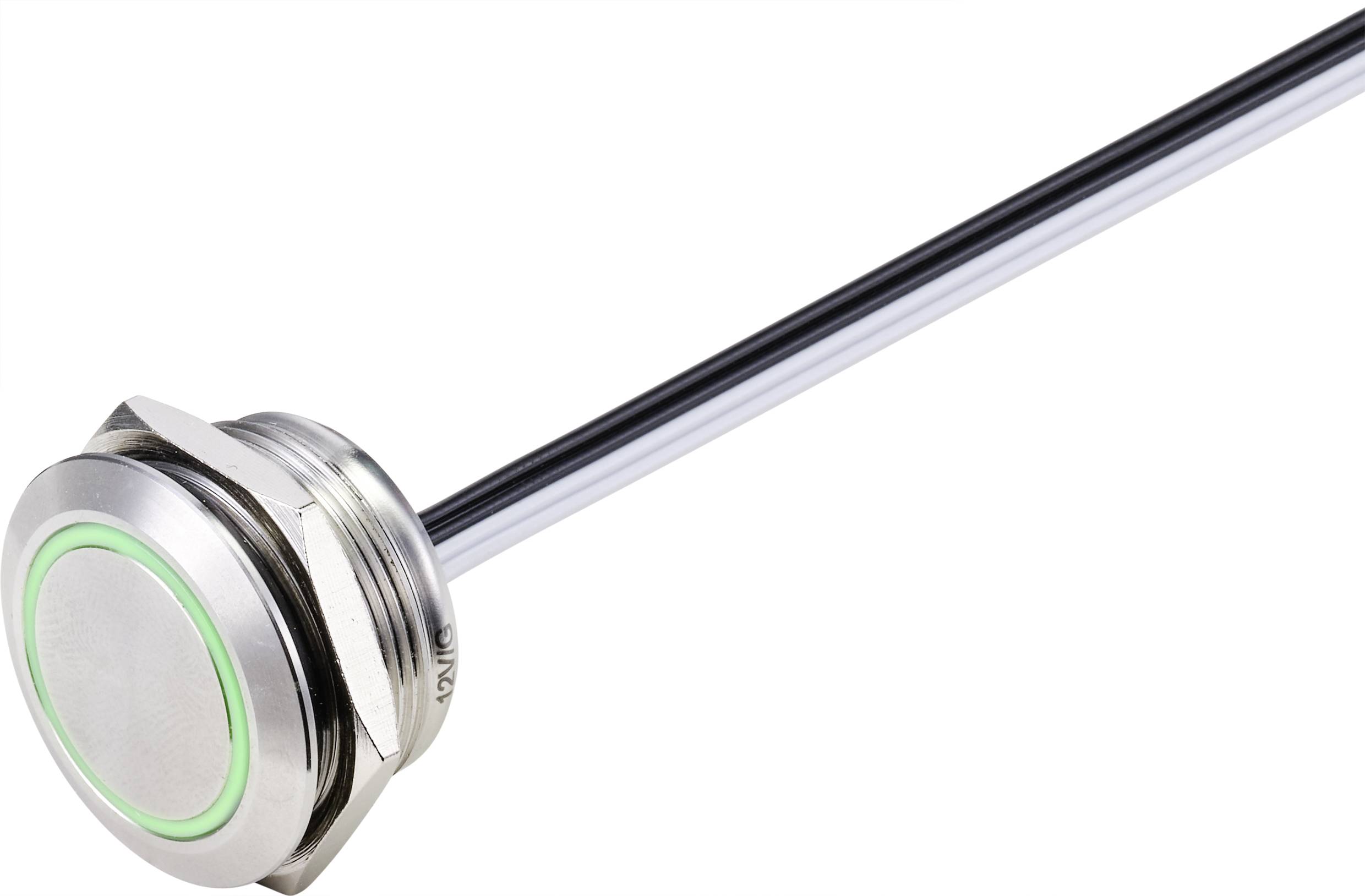 Een metalen drukknop met groene LED-ringverlichting en lange kabelaansluitingen, geschikt voor industriële toepassingen.