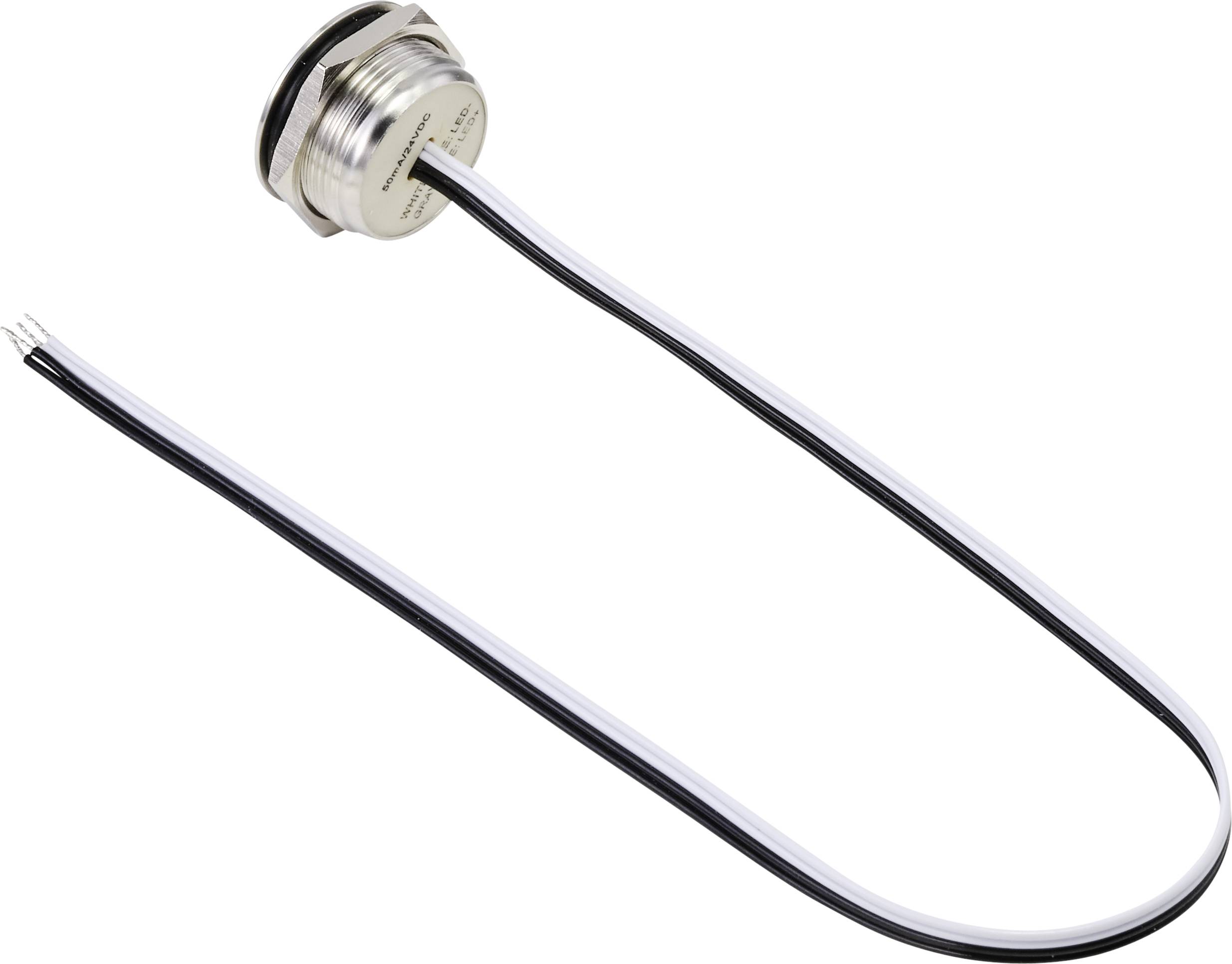 Een ronde metalen sensor met twee uitgaande kabels, één zwart en één wit, op een witte achtergrond. Geschikt voor technische toepassingen.