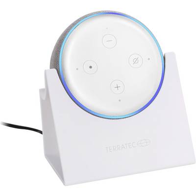 Een witte, ronde smart-speaker met een verticaal standaard en vier toetsen aan de voorkant. Op de achtergrond is een stroomkabel zichtbaar.