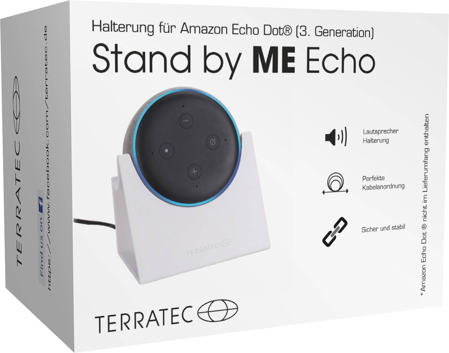 Verpakking van Terratec-houder voor Amazon Echo Dot (3e generatie) met beschrijvingen van functies: Luidsprekermontage, kabelmanagement, stabiliteit.