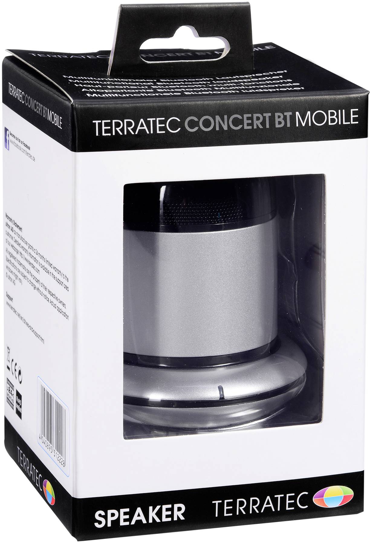 Verpakking van een draagbare Bluetooth-speaker van het merk 'Terratec Concert BT Mobile', zilverkleurig, gedeeltelijk zichtbaar door het venster.