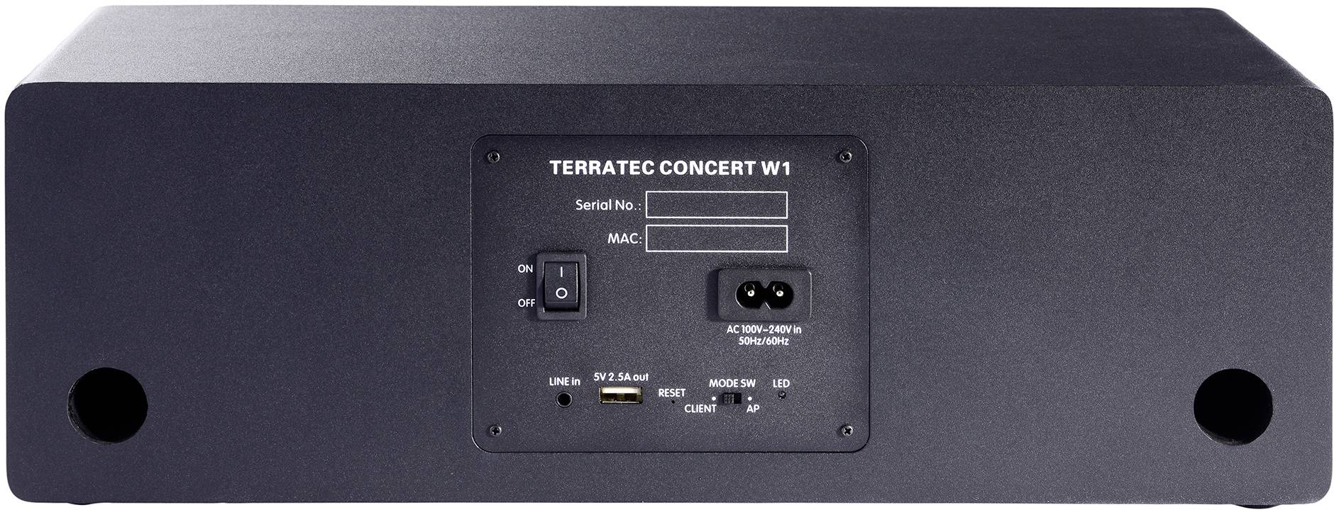 Achterkant van een zwarte audio-component met het opschrift 'TERRATEC CONCERT W1'. Toont schakelaars, aansluitingen en velden voor serienummer en MAC-adres.