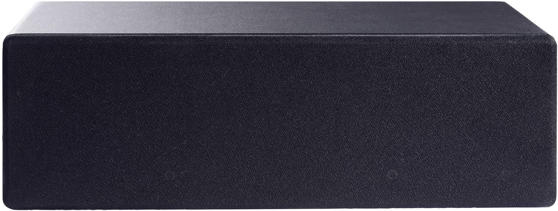 Zwarte, rechthoekige luidspreker met stoffen bekleding.